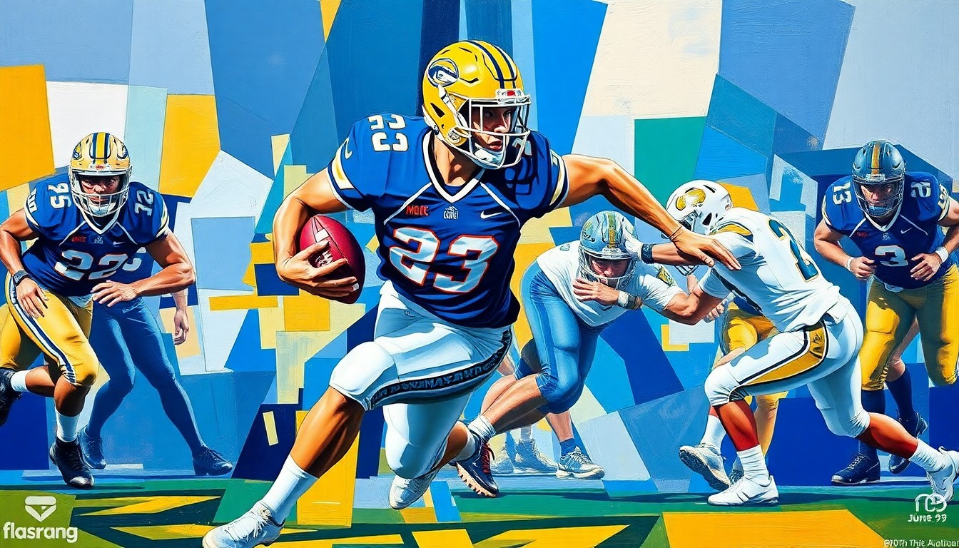 A fragmented, abstract painting depicting a Mocs football player in the midst of a pass rush, with sharp, angular shapes and planes in the team's colors of navy blue, gold, and white, conveying the aggressive energy of the defensive unit.