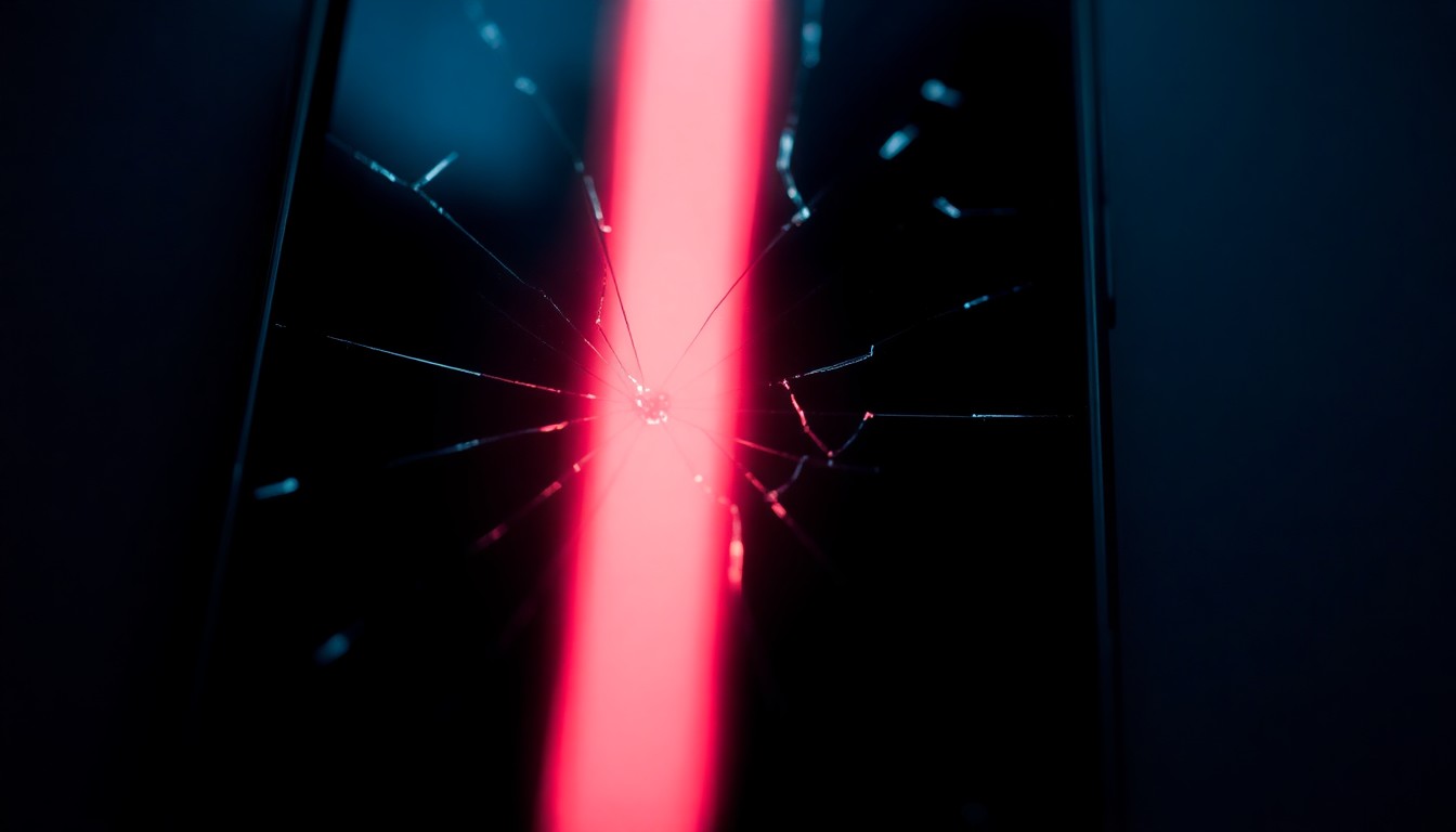 An extreme close-up photograph of a cracked smartphone screen reflecting a faint red light, creating a stark, gritty, investigative aesthetic to represent the evidence gathered in a voyeurism crime.