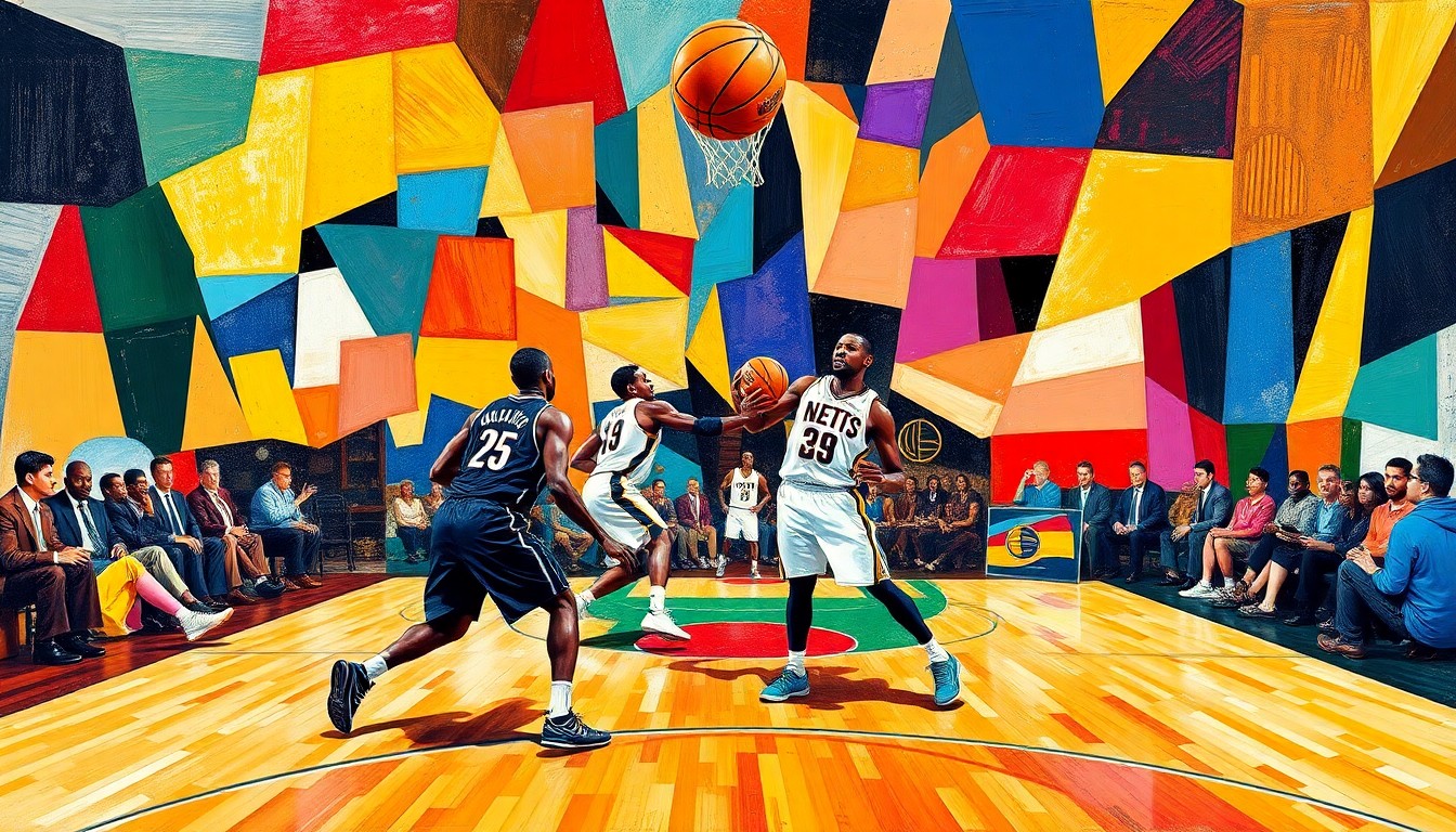 A cubist-style painting featuring overlapping geometric shapes in the colors of the Nets and Pacers uniforms, abstractly representing the players and action of the basketball game.