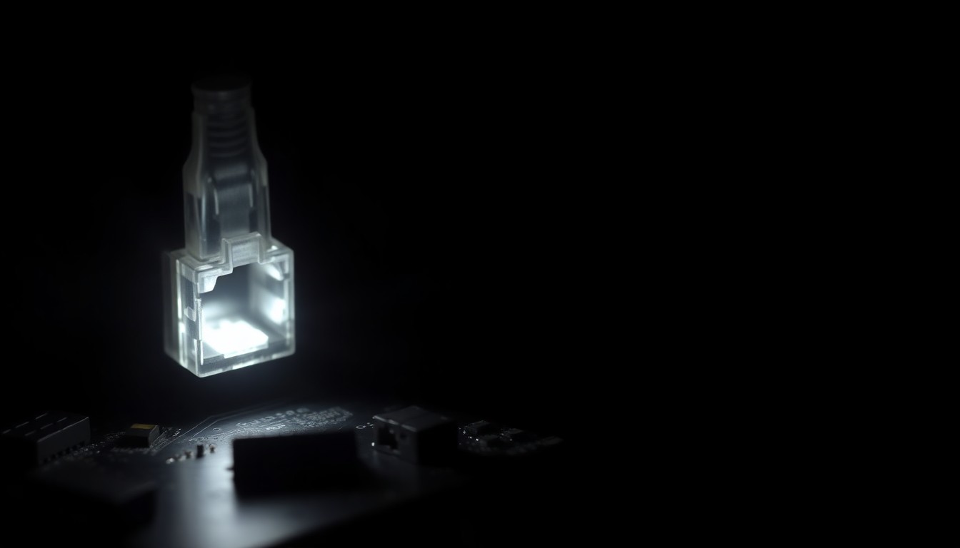 An extreme close-up of a computer circuit board or network cable connector, lit by a harsh flash and captured against a pitch-black background, conceptually illustrating the gritty, investigative nature of a cyber attack on government infrastructure.