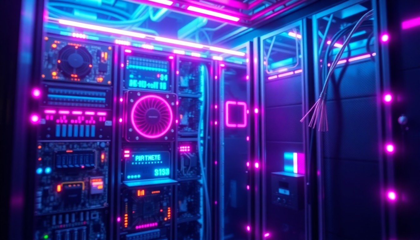 A highly detailed, glowing 3D macro illustration of a futuristic AI server rack or data center infrastructure, illuminated by neon cyan and magenta lights, conceptually representing the technological competition in the enterprise AI market.