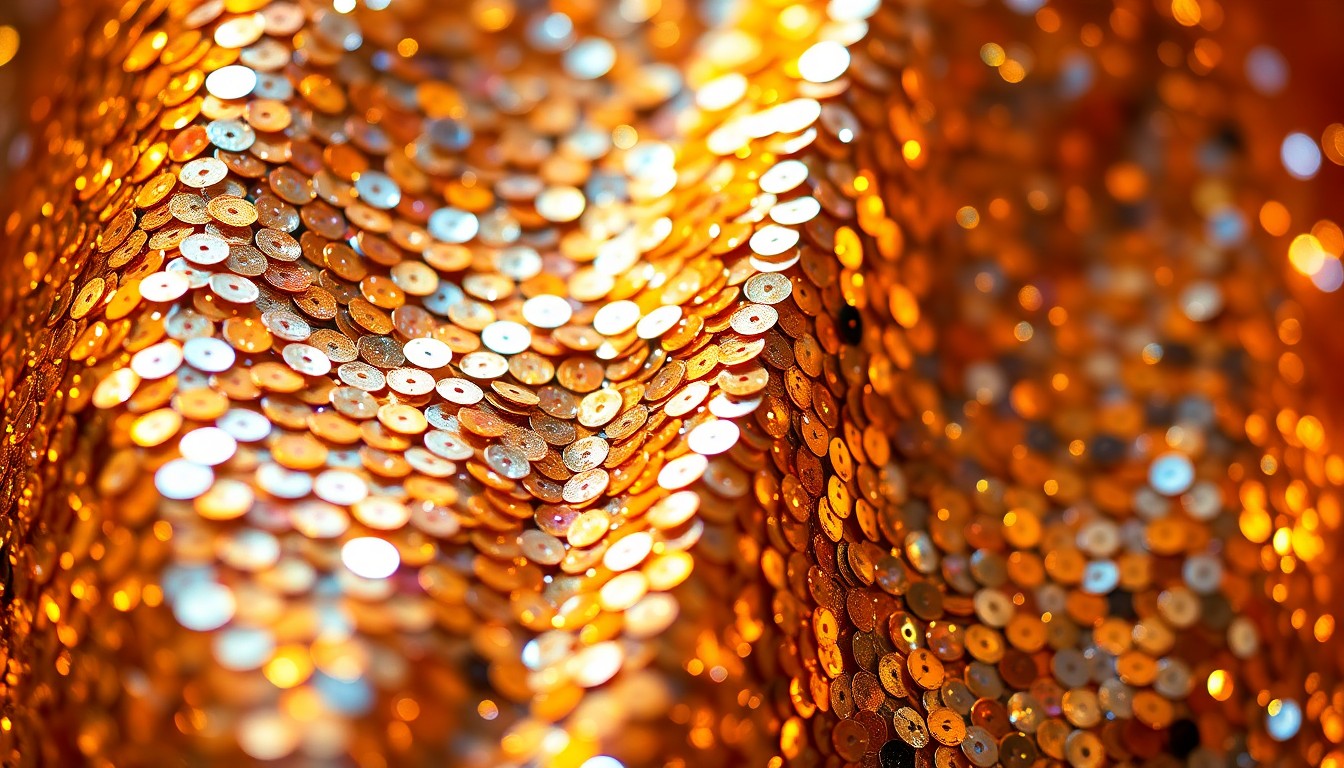 An extreme close-up photograph of shimmering, high-contrast sequins in metallic gold and silver tones, conceptually representing the glamour and energy of a major music festival performance.