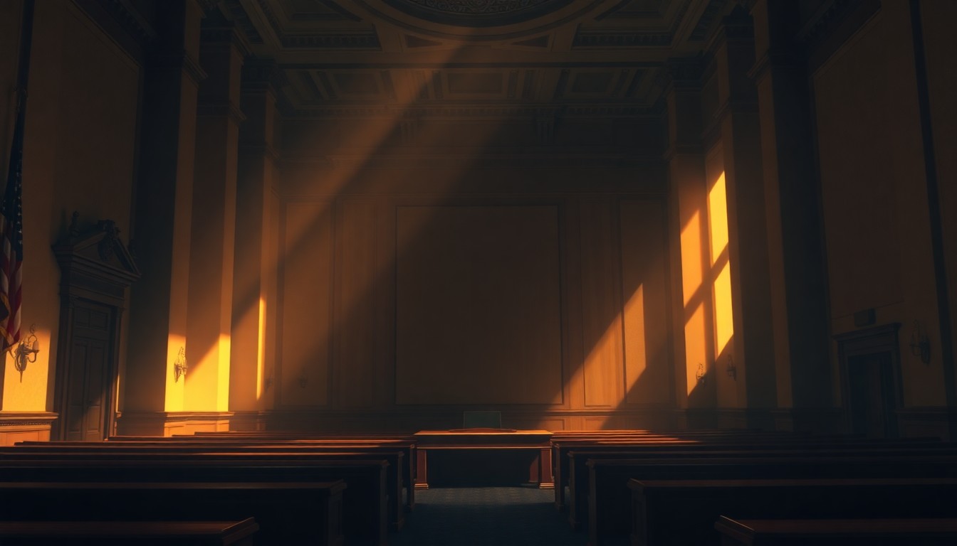 A dimly lit, cinematic painting of an empty government office or legislative chamber, with warm sunlight streaming in through the windows and creating deep shadows, conveying a sense of political uncertainty and introspection.