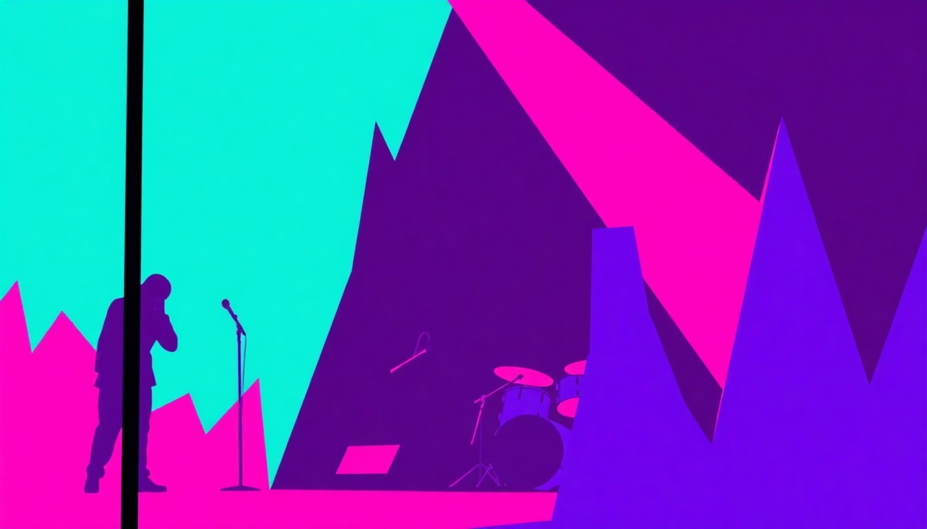 An abstract, minimalist illustration featuring bold, jagged geometric shapes in shades of pink, purple, and teal, capturing the energy and nostalgia of an 80s-themed LGBTQ+ musical performance.