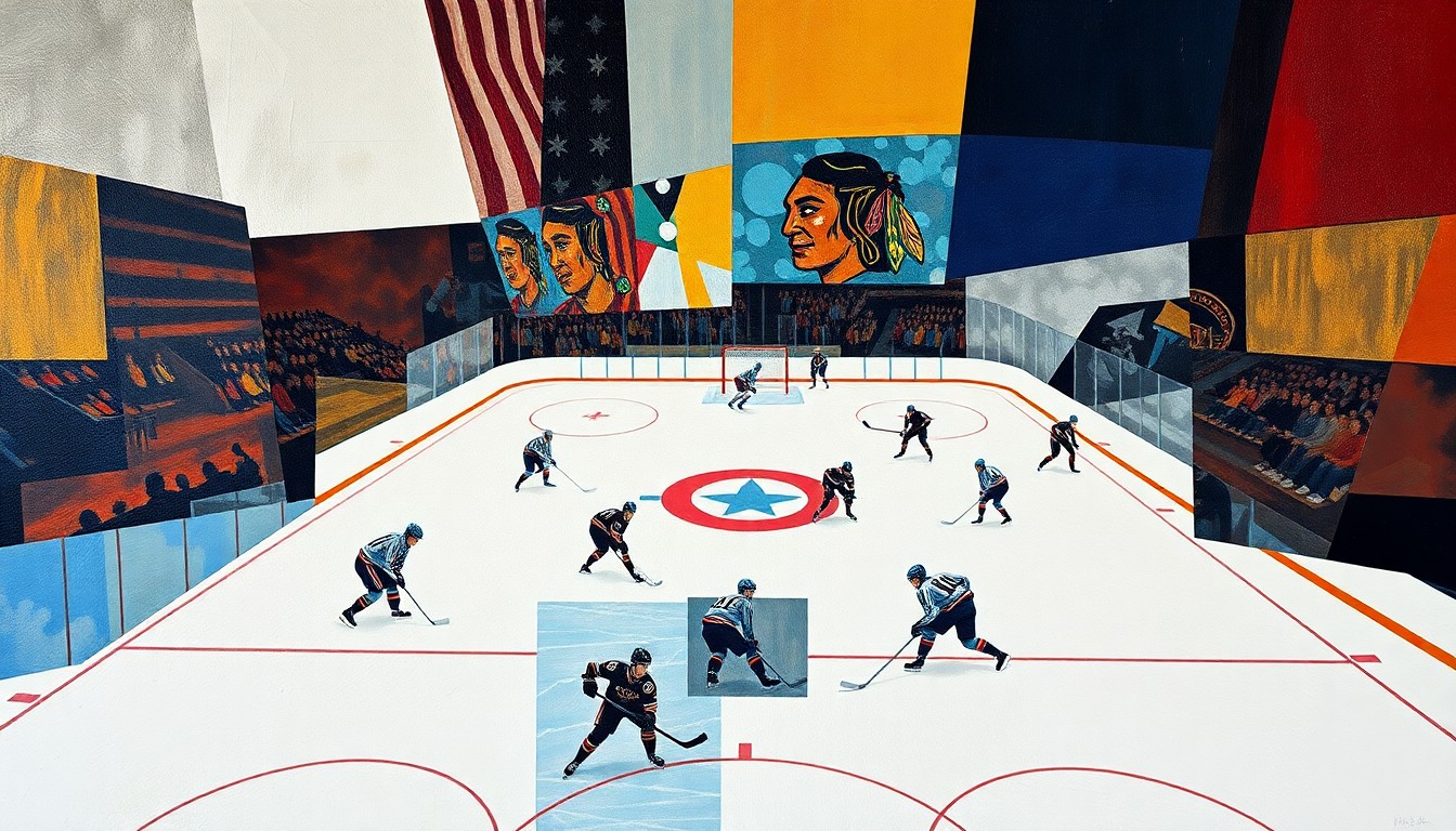 A cubist, geometric painting depicting a hockey game, with the players, ice, and spectators broken down into sharp, overlapping planes of color and shape.