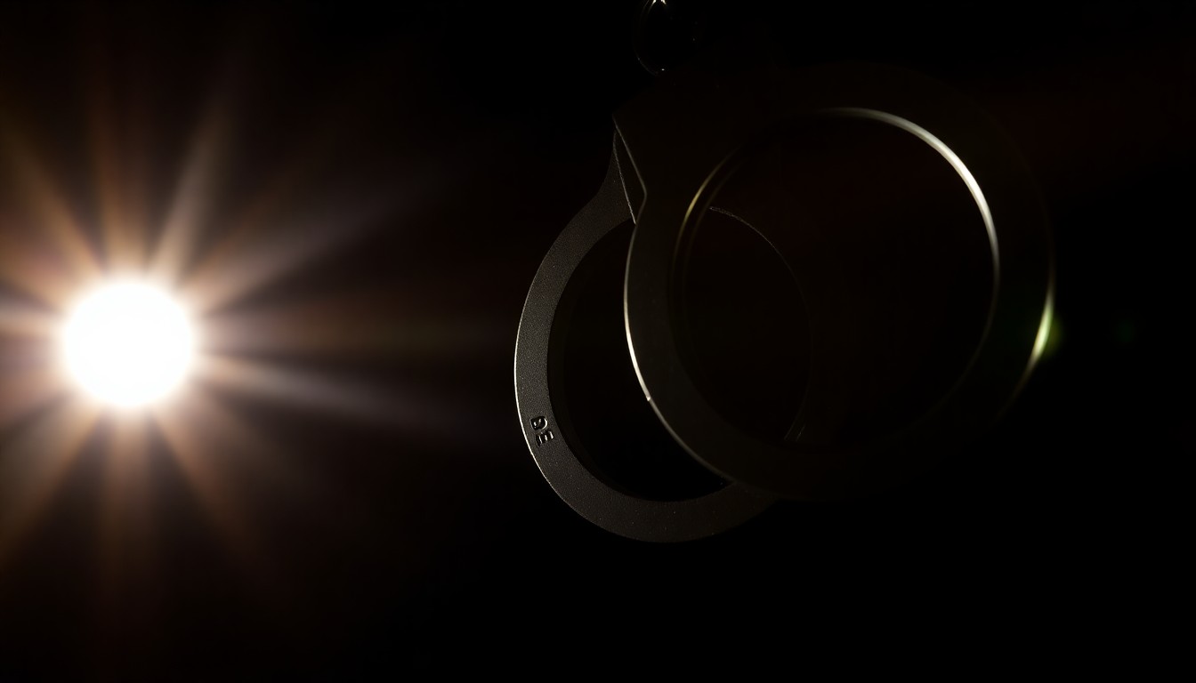 An extreme close-up photograph of a police badge or handcuffs, lit by a harsh, direct camera flash against a pitch-black background, creating a stark, gritty, investigative aesthetic that conceptually represents the lack of transparency in the Chicago Police Department's disciplinary practices.