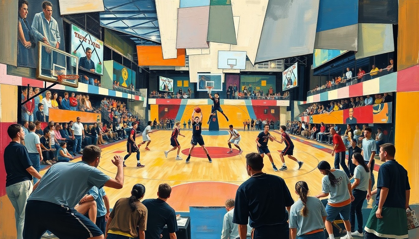 A fragmented, cubist-style painting depicting various high school sports scenes, with overlapping geometric shapes and planes representing the dynamic motion and competition of the games.