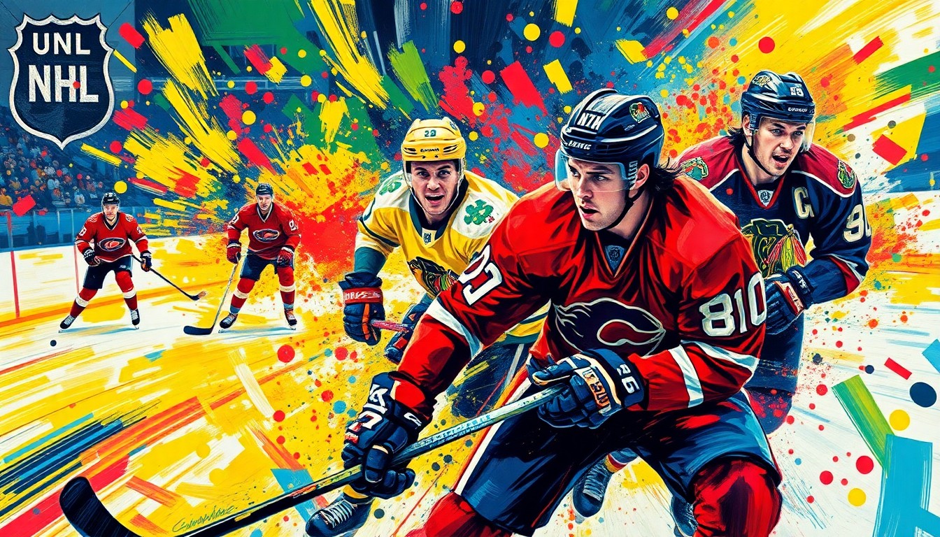 An abstract, energetic painting featuring swirling brushstrokes of neon blue, green, and red, conveying the fast-paced action and intensity of a professional hockey game.