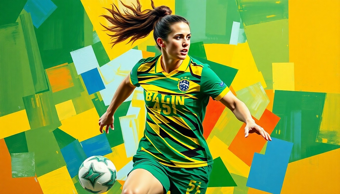 A fractured, geometric painting depicting a Brazilian women's soccer player in action, with sharp planes of color representing the national team uniform.