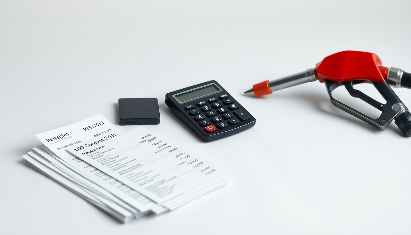 A photorealistic studio still life featuring a stack of receipts, a calculator, and a fuel pump nozzle arranged on a clean white background, symbolizing the financial pressures facing local eateries and food trucks due to rising operating costs.
