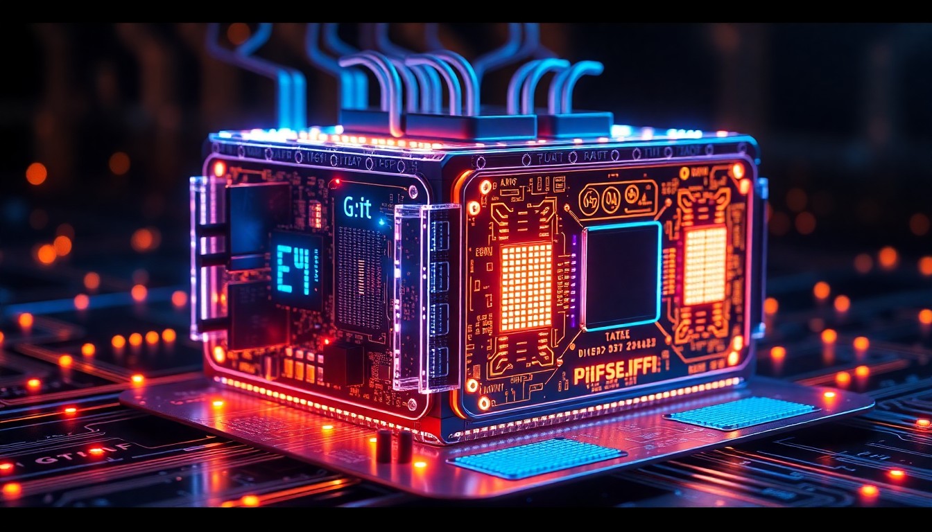 A highly detailed, glowing 3D illustration of a futuristic data storage device made of illuminated circuit boards, fiber optic cables, and other digital components, conceptually representing the advanced molecular data storage technology being developed.