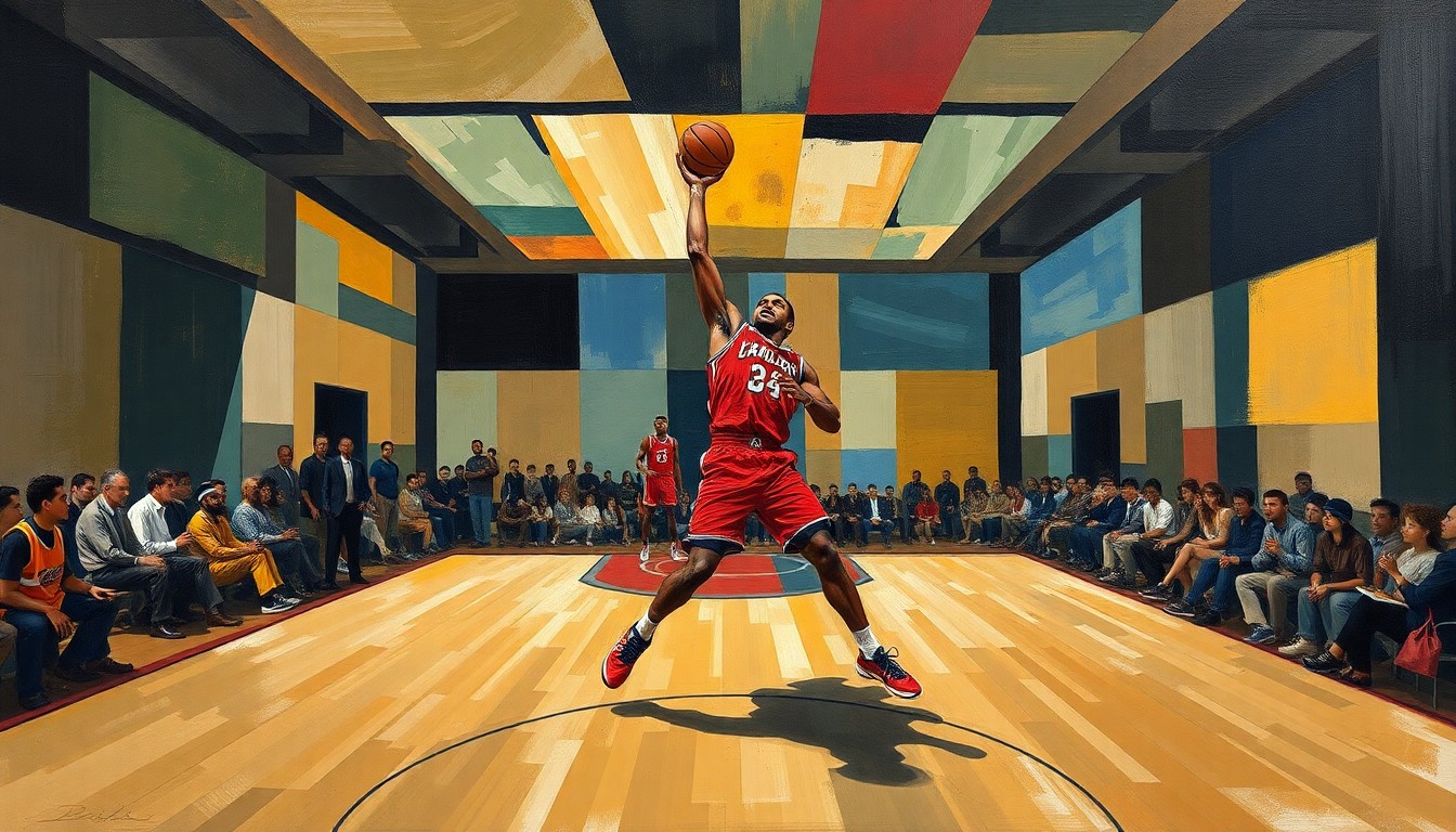 A cubist, geometric painting depicting Jalen Duren's powerful presence in the paint, with overlapping shapes and planes representing his dominant two-way play.