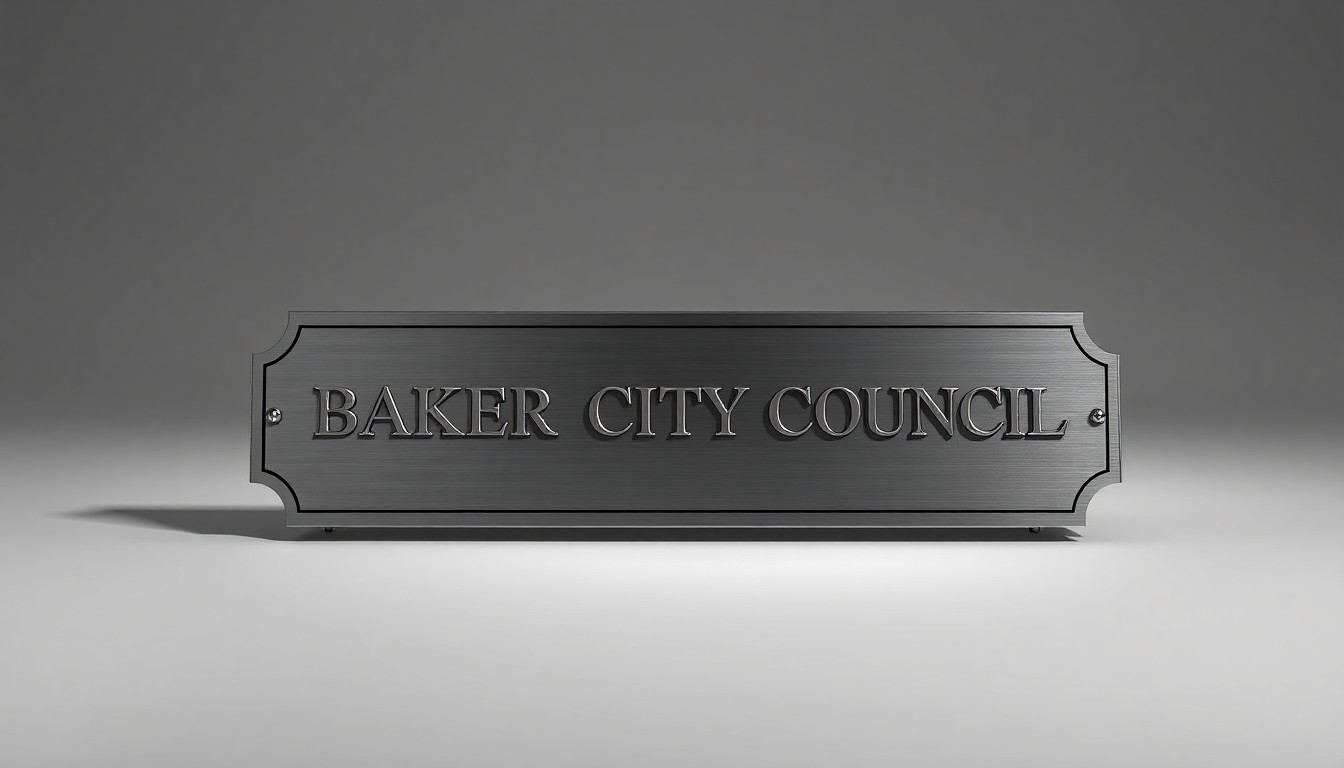 A high-end, photorealistic studio still-life photograph featuring a polished, geometric metal sign with the words 'BAKER CITY COUNCIL' engraved on it, resting on a clean, monochromatic background and dramatically lit to symbolize the formal, official nature of the city's decision-making process.