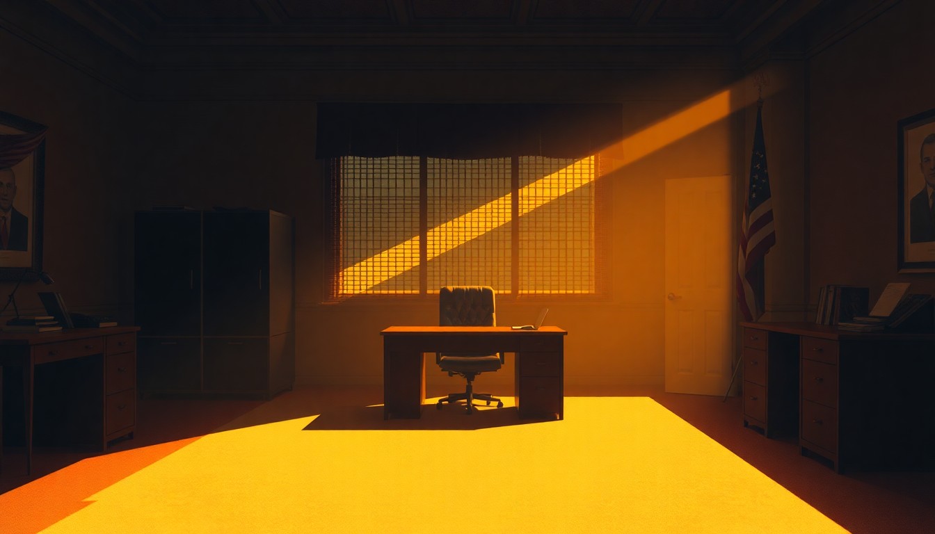 A photorealistic painting of a simple wooden desk in a dimly lit political office, with sunlight streaming in through a window and casting dramatic shadows across the surface. The scene has a pensive, contemplative mood, reflecting the gravity of the situation.