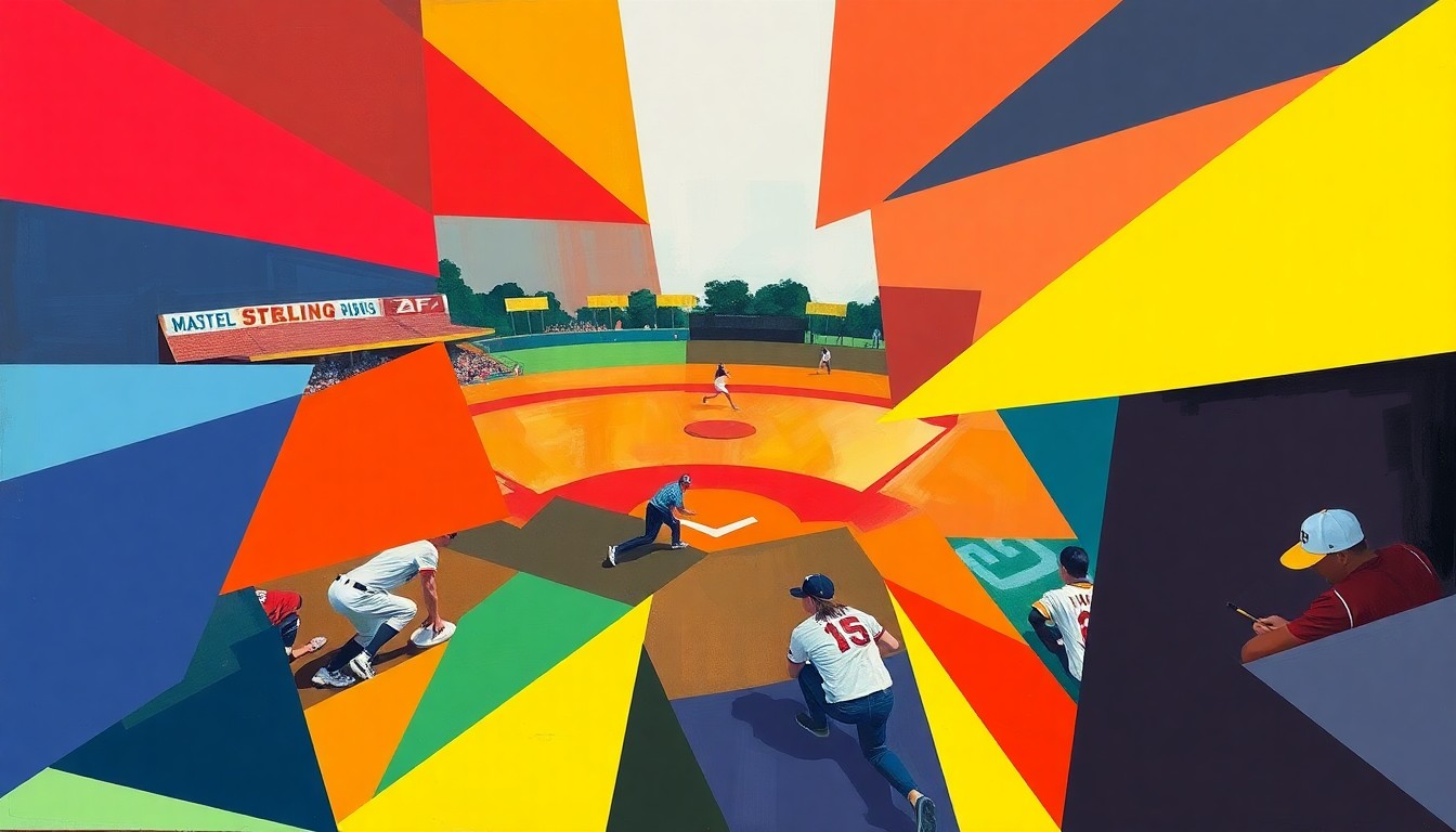 A fragmented, geometric painting depicting the dynamic movements and energy of a high school softball game, with the players and field broken down into sharp, overlapping planes of color.