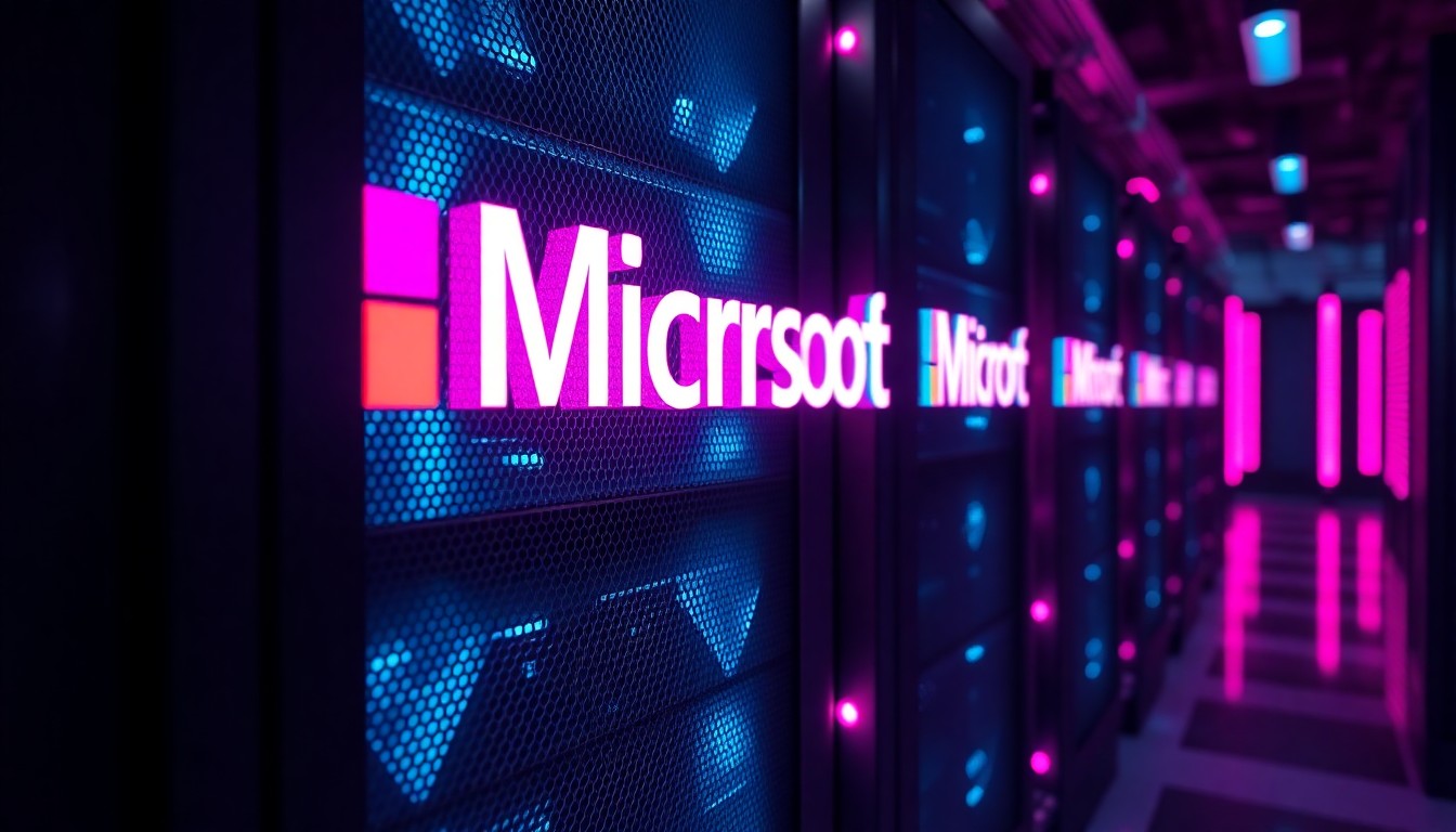 A glowing, futuristic 3D illustration of a Microsoft data center server rack, with neon cyan and magenta lights illuminating the complex hardware, representing the technological infrastructure behind the company's AI initiatives.