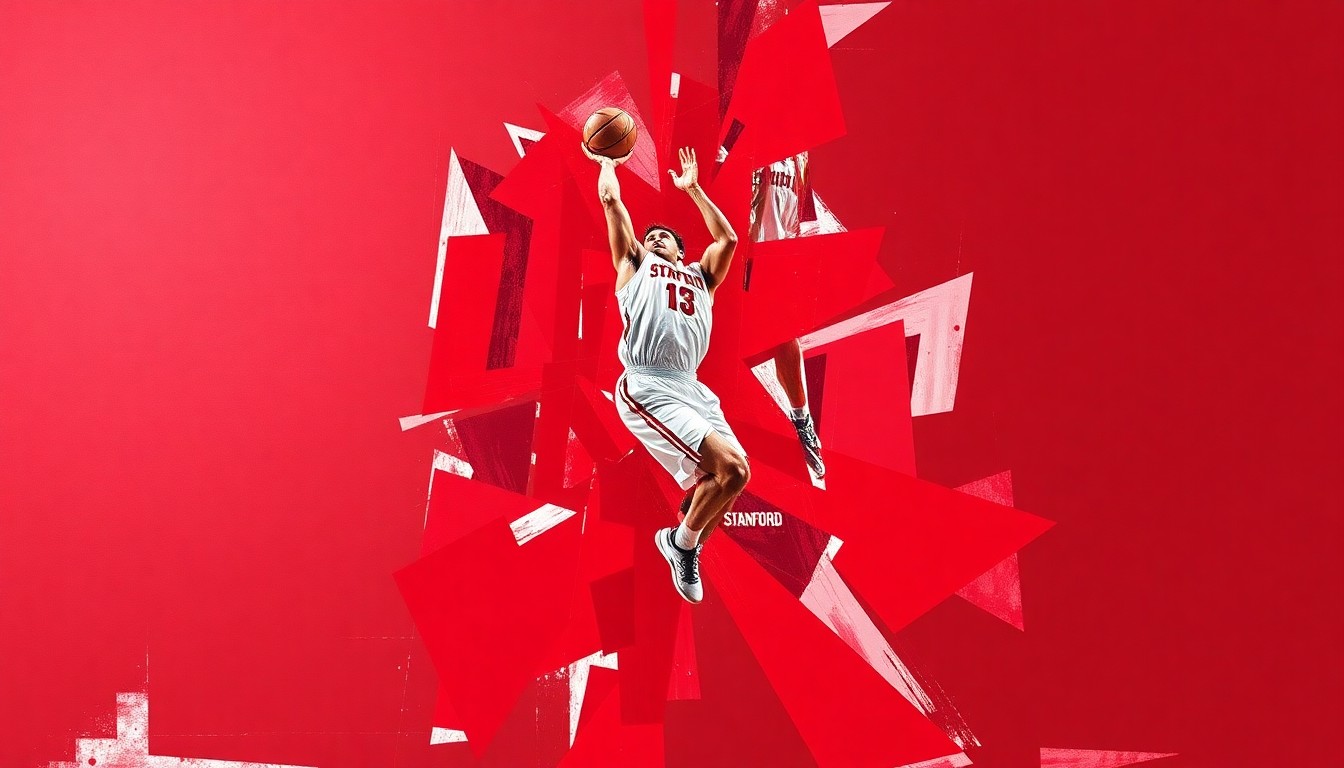 A cubist, geometric painting depicting a basketball player mid-jump shot, with the figure broken down into sharp, overlapping planes of red and white, capturing the dynamic motion and energy of the sport.