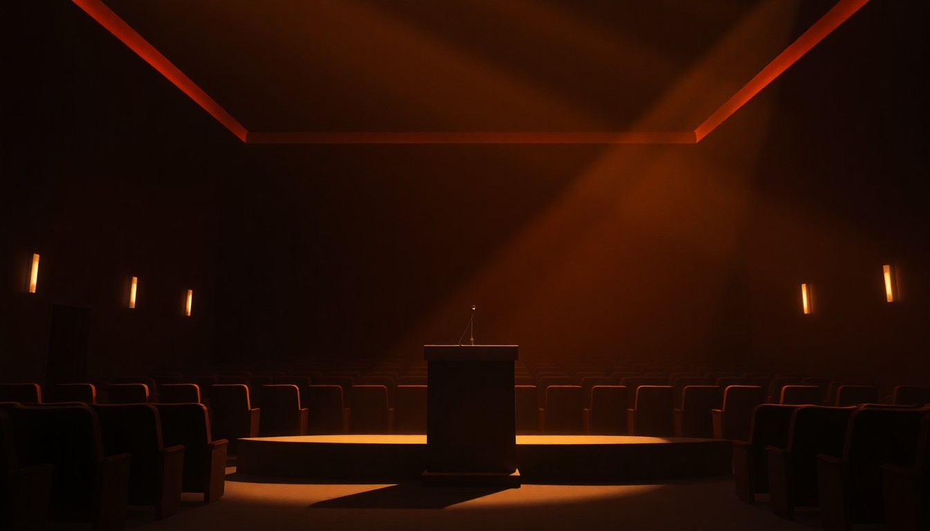 A dimly lit, cinematic painting of a solitary podium or lectern in an auditorium, with warm, diagonal sunlight and deep shadows, conceptually representing the thoughtful, introspective nature of the WSA election debate.
