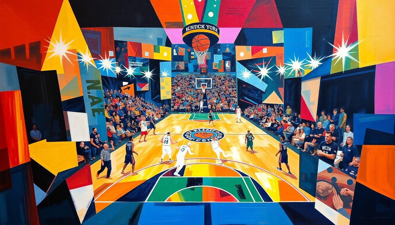 A fractured, cubist-style painting depicting the action and energy of a basketball game between two teams, with sharp geometric shapes and planes of color representing the players, court, and crowd.