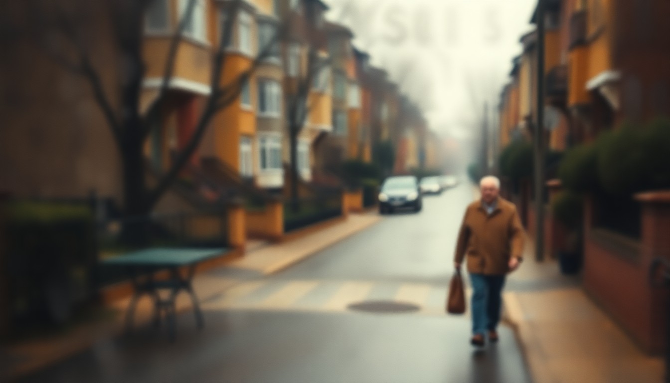 An abstract, out-of-focus scene of an elderly person walking down a residential street, with soft pools of warm color and light creating a dreamlike, atmospheric mood.