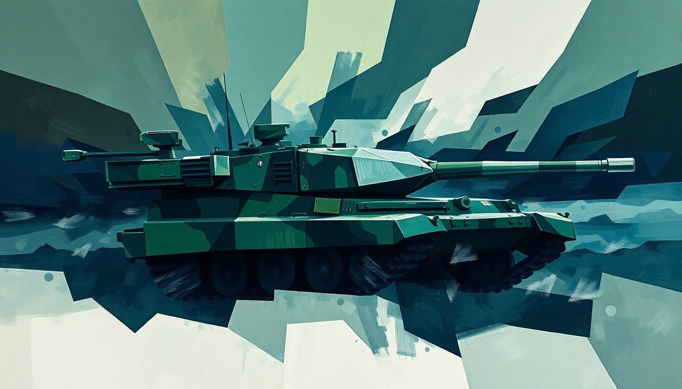 A fractured, abstract painting of a military vehicle in shades of green, blue, and gray, conveying a sense of motion and power without any text or identifiable elements.