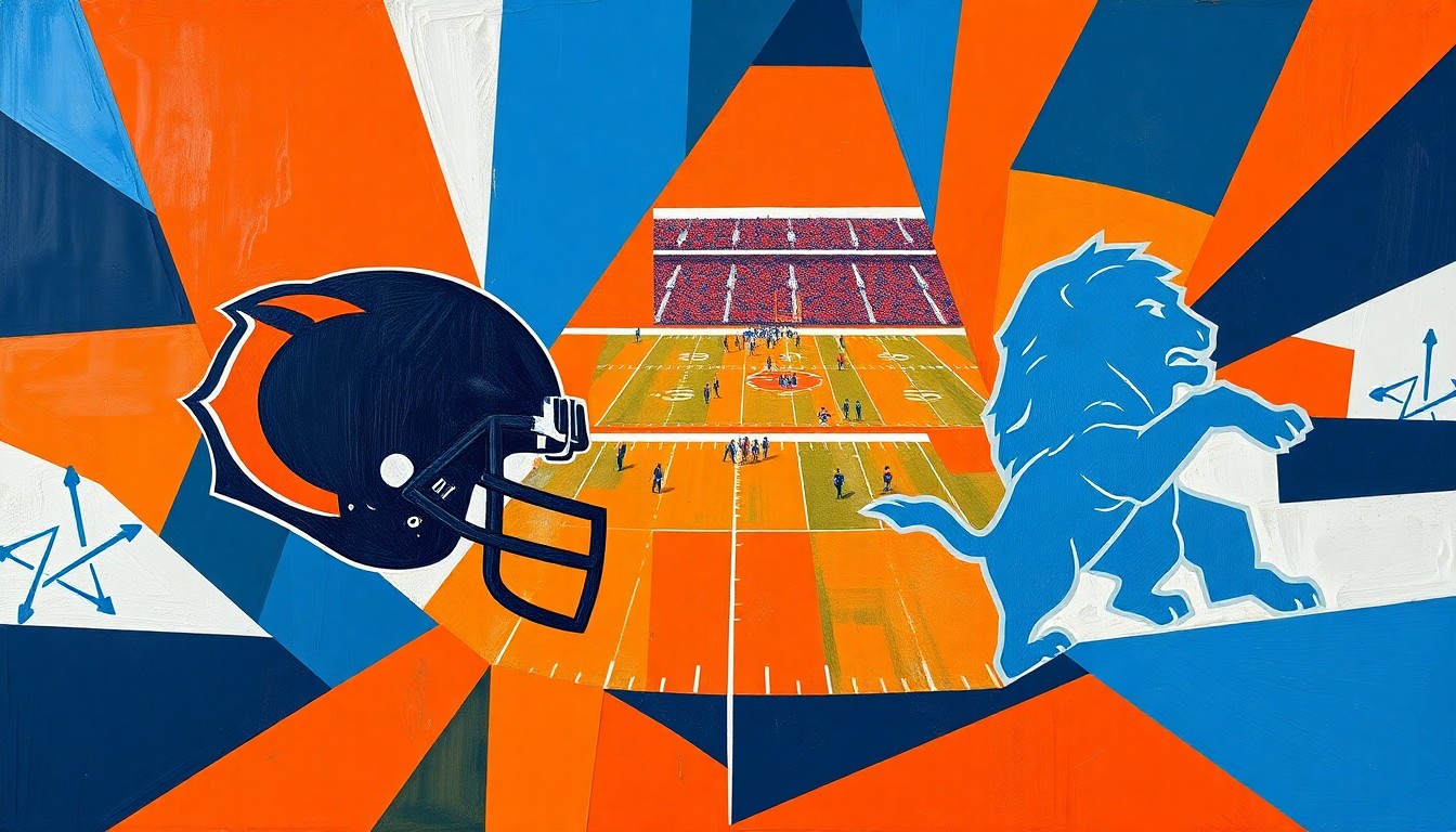 A fragmented, cubist-style painting depicting a football game between the Chicago Bears and Detroit Lions, with sharp geometric shapes and planes of navy blue, orange, and Honolulu blue representing the teams' colors and the competitive clash between the division rivals.