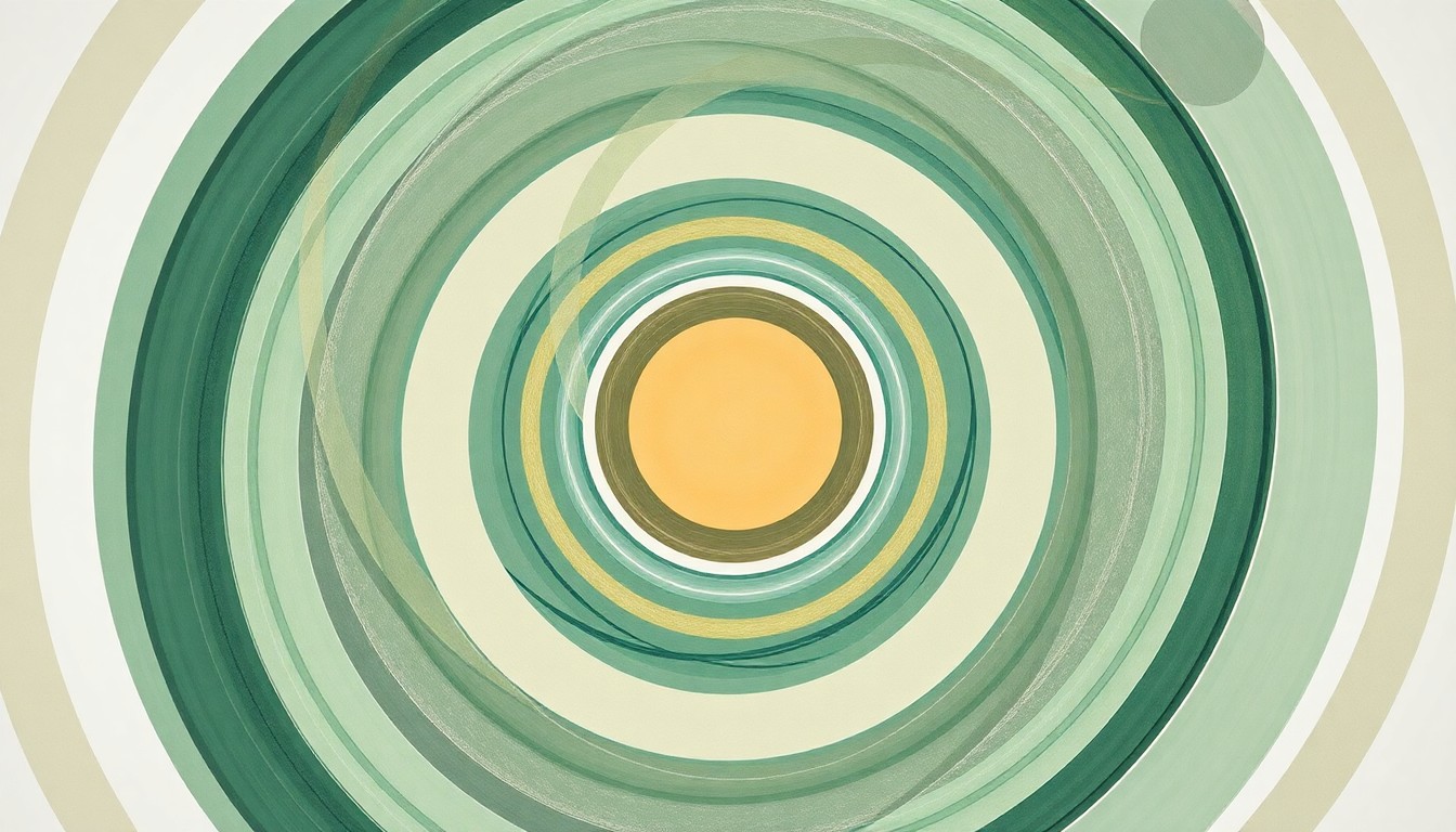 An abstract painting in muted earth tones, featuring sweeping geometric shapes and precise botanical spirals, conceptually representing the complex interplay of climate forces and their impact on winter sports venues.