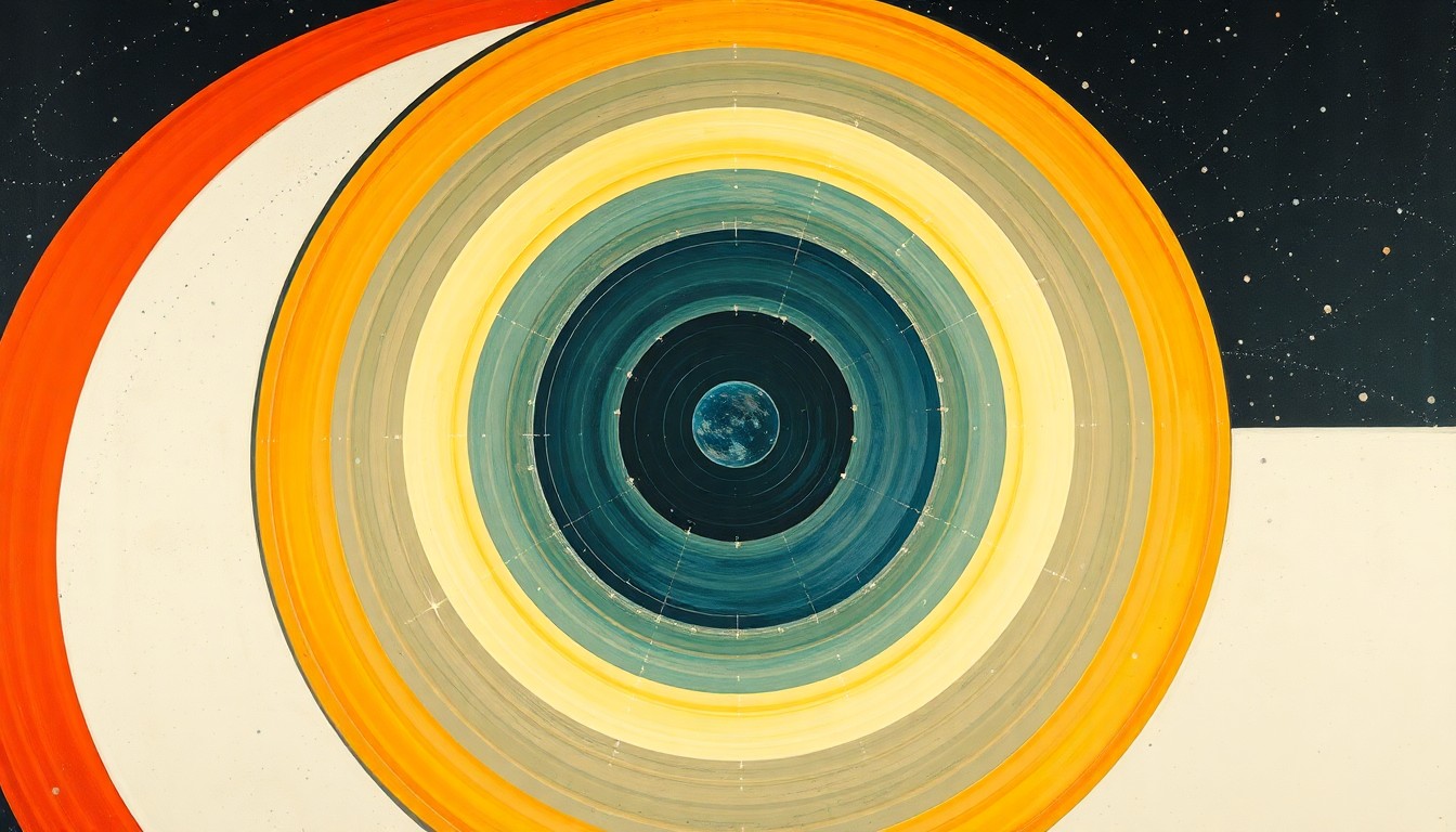 An abstract painting in soft, muted colors featuring sweeping geometric arcs, concentric circles, and precise botanical spirals, conceptually representing the complex scientific forces and potential consequences of a proposal to install 50,000 mirrors in space to control sunlight.