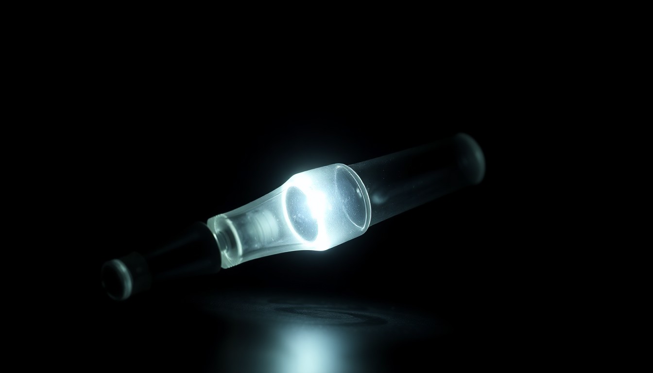 An extreme close-up photograph of a medical instrument or piece of evidence related to the home birth incident, lit by a harsh, direct camera flash against a pitch-black background, creating a stark, gritty, investigative aesthetic.