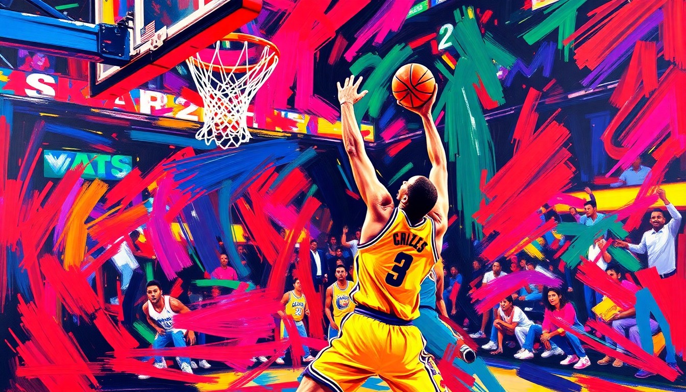 An abstract, textured painting in neon colors depicting the dynamic motion and energy of an NBA basketball game, conveying the excitement and intensity of the matchup between the Rockets and 76ers.