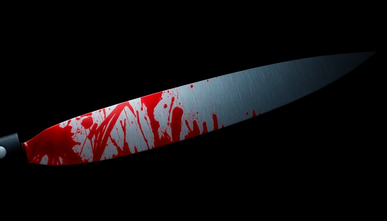 An extreme close-up photograph of a blood-stained knife blade, capturing the stark, gritty, and investigative nature of a violent crime scene.