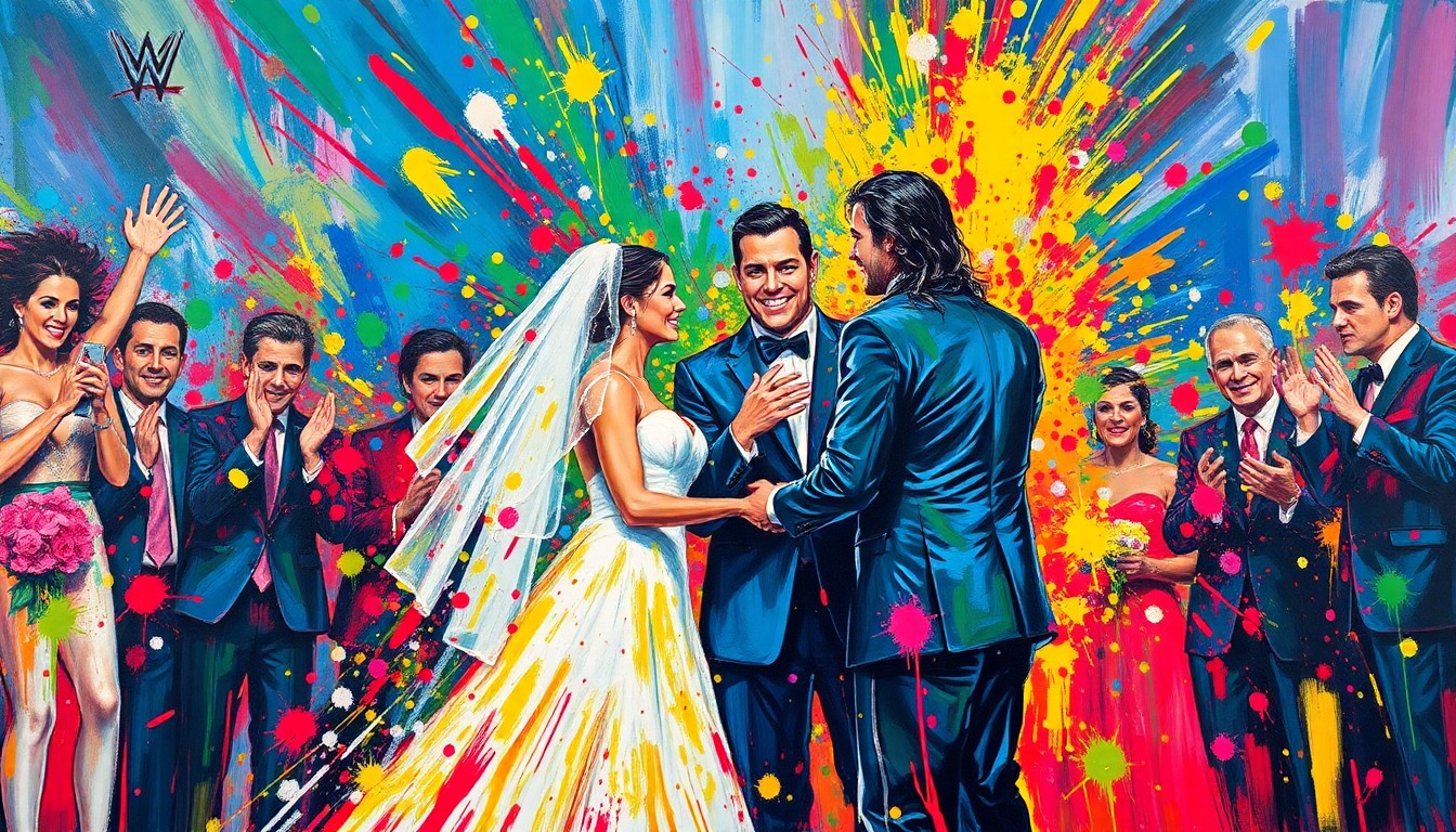 An abstract, expressionist painting in vibrant neon colors, with rapid brushstrokes capturing the energy and movement of a WWE wedding ceremony, the figures of the bride, groom, and officiating wrestler dissolving into unrecognizable splatters of paint.