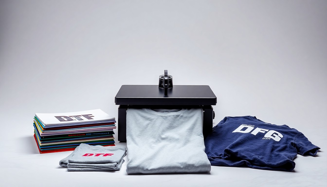 A high-end, photorealistic studio still-life photograph featuring a stack of colorful DTF transfer sheets, a heat press, and a selection of custom-printed apparel items, conceptually representing the abstract concept of transfer-based production empowering home-based print entrepreneurs.