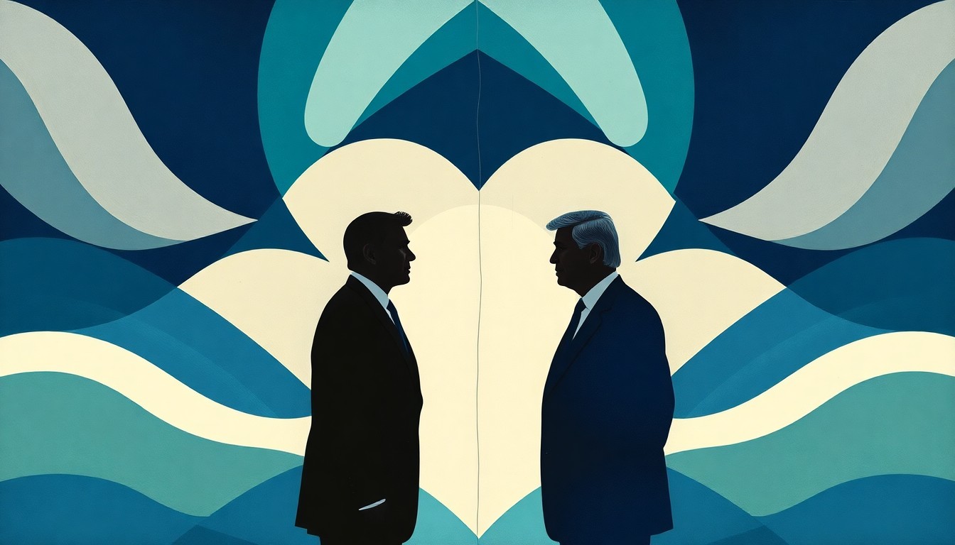 A dynamic, abstract painting in shades of blue and grey, featuring the overlapping, fragmented silhouettes of two figures facing each other, conveying a sense of political tension and power struggle.