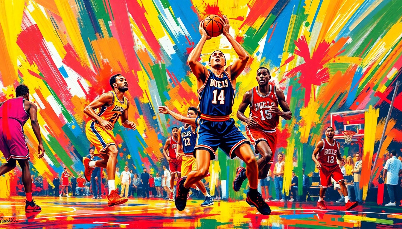 An abstract, energetic painting in neon colors depicting the fluid movements and raw athleticism of basketball players in action, without any identifiable faces or logos.