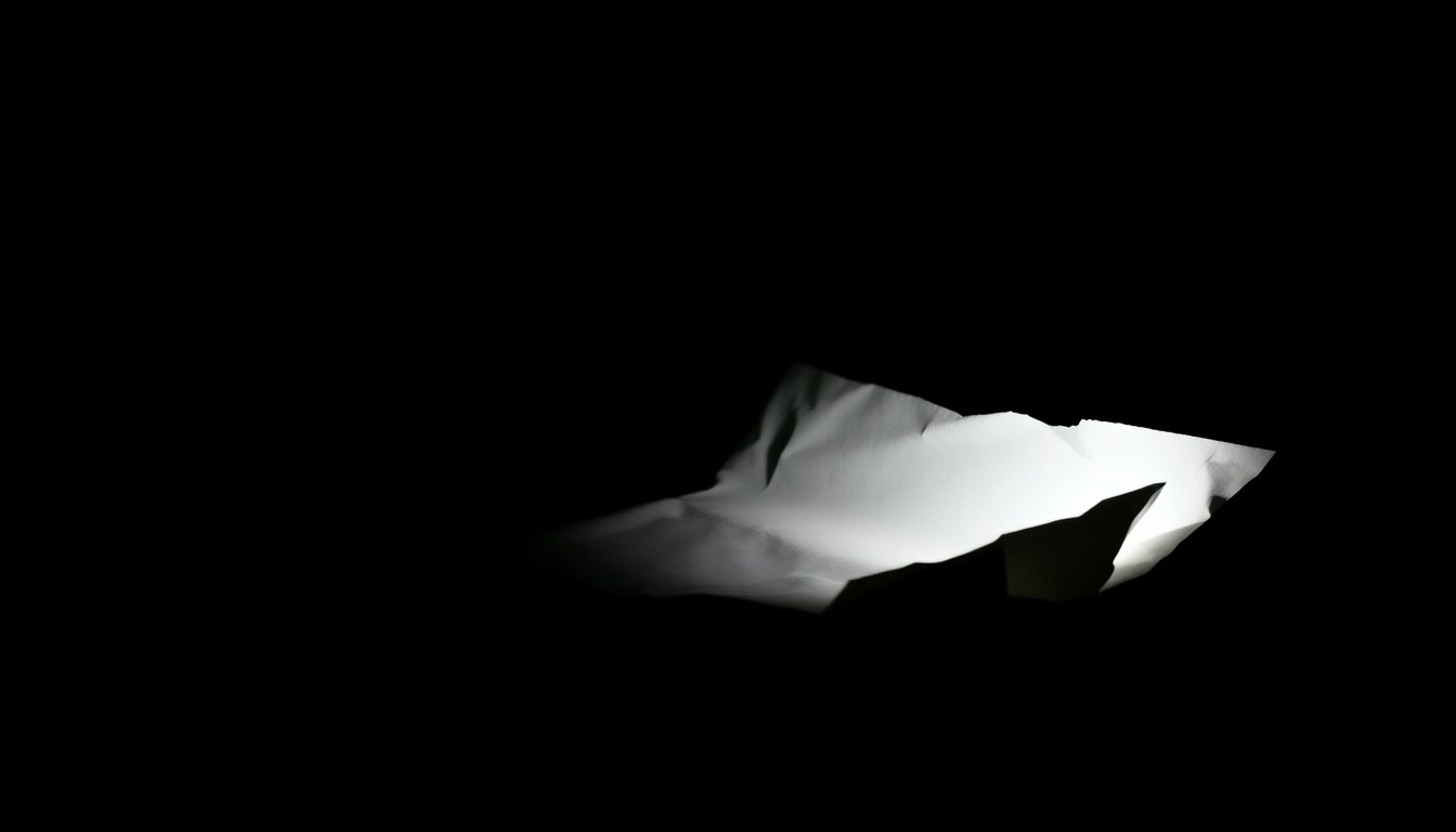 An extreme close-up of a crumpled, discarded financial document lit by a harsh, direct camera flash, conceptually representing the investigative nature of tax fraud crimes.