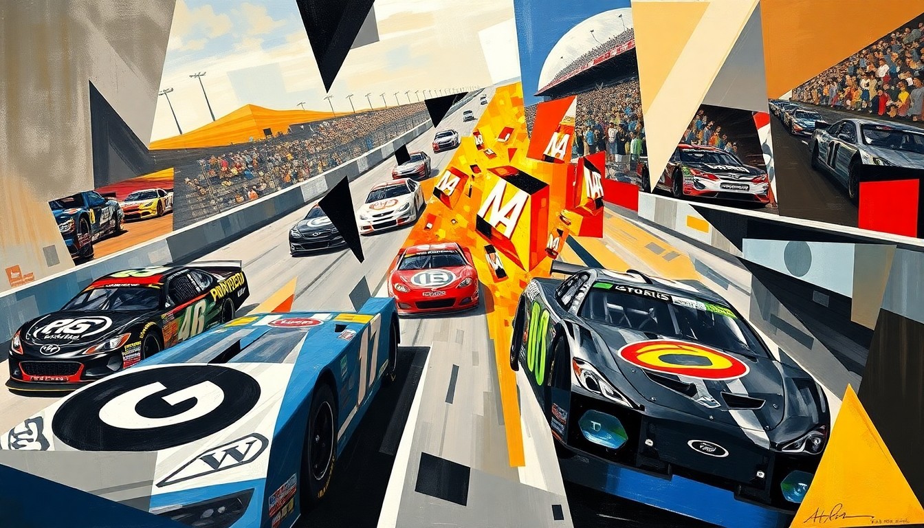 A cubist, geometric painting depicting the abstracted forms of two NASCAR race cars colliding on the track, with the drivers represented as angular, overlapping shapes conveying a sense of motion and conflict.