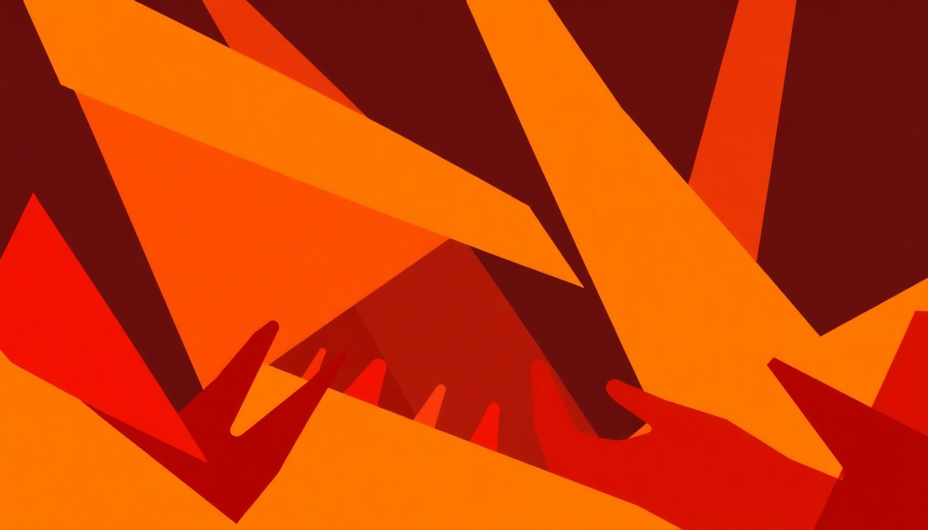 A vibrant, abstract illustration composed of overlapping, angular shapes in warm tones, capturing the energy and rhythm of a live music performance.