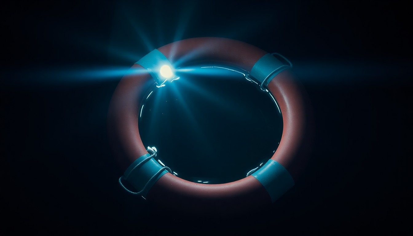 An extreme close-up photograph of a life preserver ring floating on dark water, reflecting a harsh camera flash and creating a stark, gritty, investigative aesthetic.
