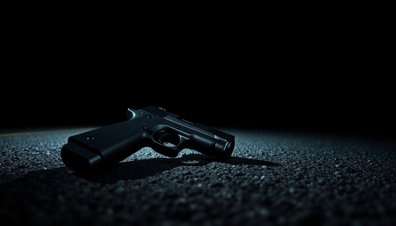 An extreme close-up photograph of a loaded handgun lying on the asphalt of a highway shoulder, lit by a harsh, direct camera flash against a pitch-black background, conceptually illustrating the recovery of an illegal firearm during a traffic stop.
