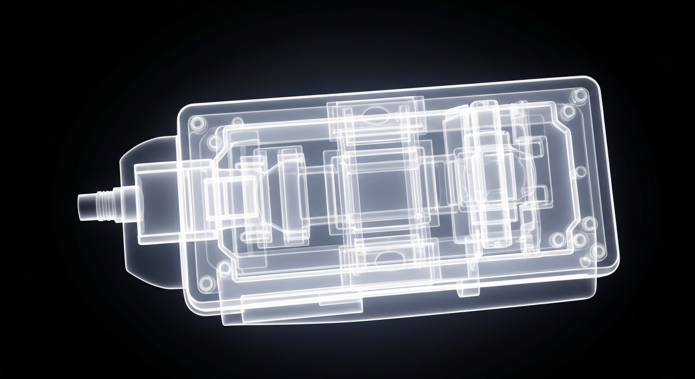 A ghostly, translucent X-ray image of a medical diagnostic device, revealing its intricate internal structures and components against a dark background, conceptually illustrating the technical complexity and importance of diagnostic tools in healthcare.