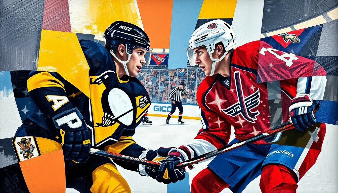 A fractured, multi-perspective painting depicting a hockey game in progress, with the players and ice surface broken down into sharp, overlapping geometric shapes and planes in vibrant colors representing the uniforms of the two teams.