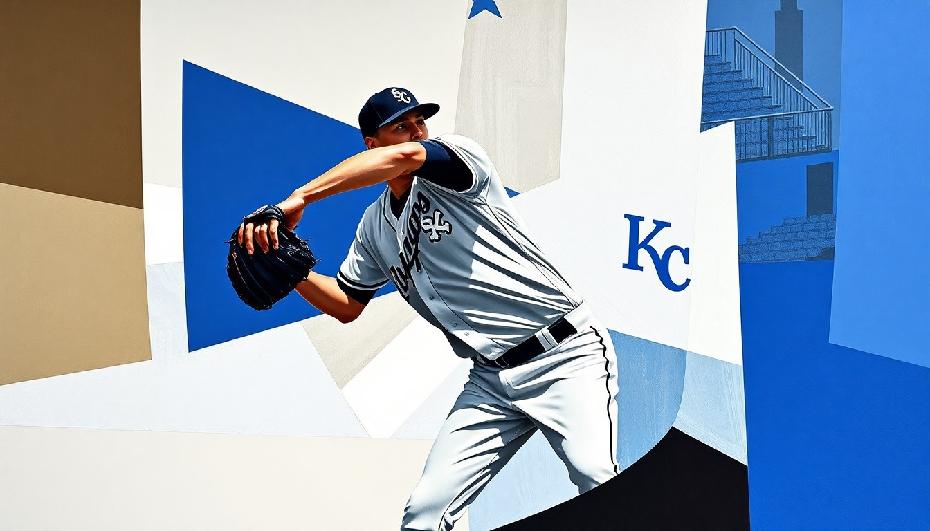 A fractured, geometric painting depicting the motion of a baseball pitcher's delivery, with overlapping planes of color representing the official team colors of the Chicago White Sox and Kansas City Royals.