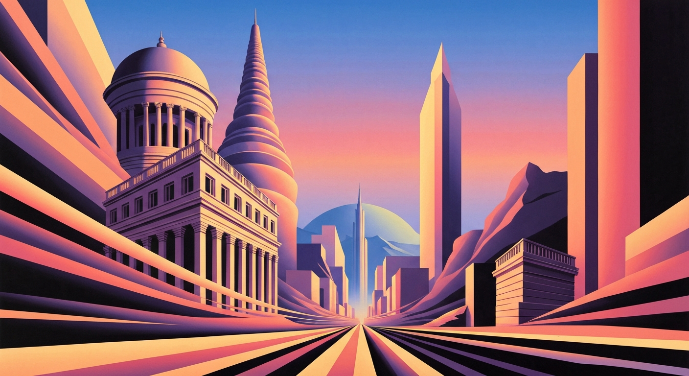 A bold, geometric illustration in the Art Deco style, featuring sweeping gradients and towering architectural forms, conceptually representing the surge in short-term rentals for Philadelphia's upcoming sporting events.