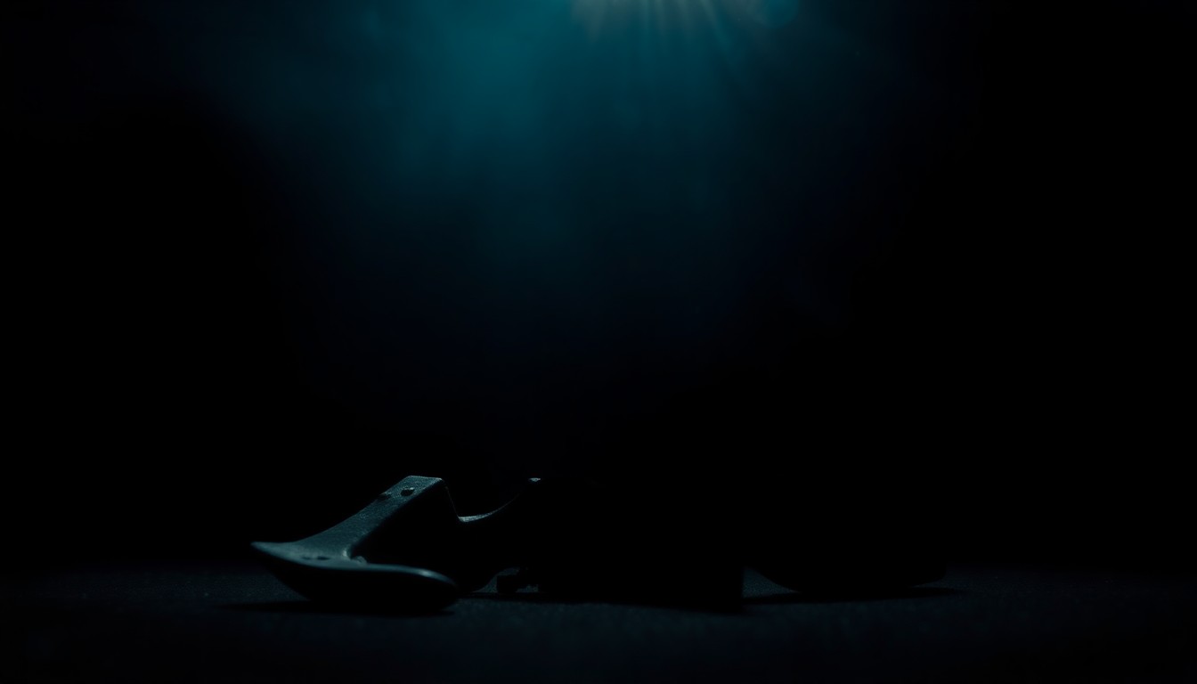 An extreme close-up photograph of a damaged scooter part or piece of evidence from the hit-and-run crime scene, lit by a harsh, direct camera flash against a pitch-black background, conveying a stark, gritty, investigative aesthetic.