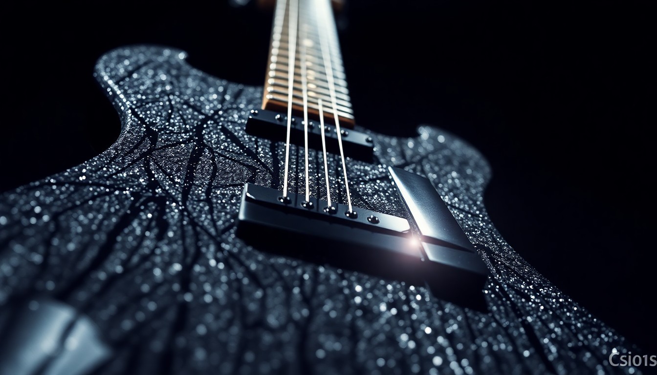 An extreme close-up of a heavily textured electric guitar body, with dramatic shadows and highlights creating a high-contrast, glamorous aesthetic that captures the instrument's iconic status in classic rock music.