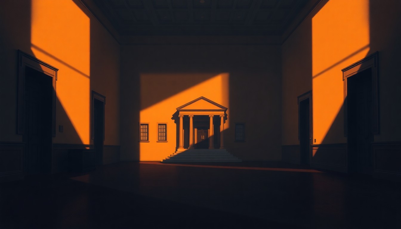 A serene, photorealistic painting of a government office building or political institution, with warm sunlight streaming through the windows and deep shadows casting a contemplative mood, conceptually representing the evolving US-Zimbabwe relationship.