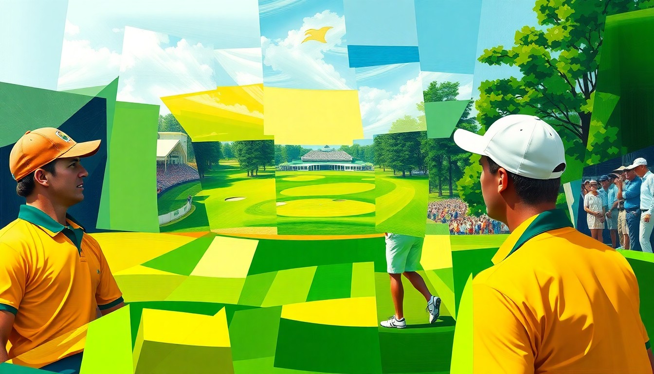A cubist, geometric painting depicting a fractured, multi-perspective view of a golf tournament, with sharp, overlapping planes of vibrant colors representing the Australian team uniforms and the lush greens of Augusta National.