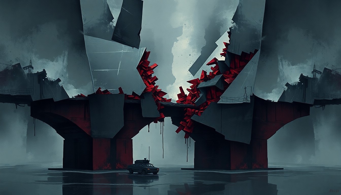 A fractured, geometric painting depicting a damaged bridge or infrastructure, with overlapping waves of dark grays, deep reds, and muted blues, conveying a sense of political and military tension.