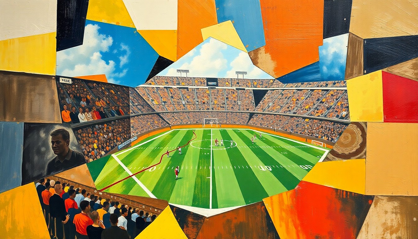 A cubist, geometric painting depicting a fragmented football game, with players and the field broken down into sharp, overlapping shapes and planes in a variety of colors.